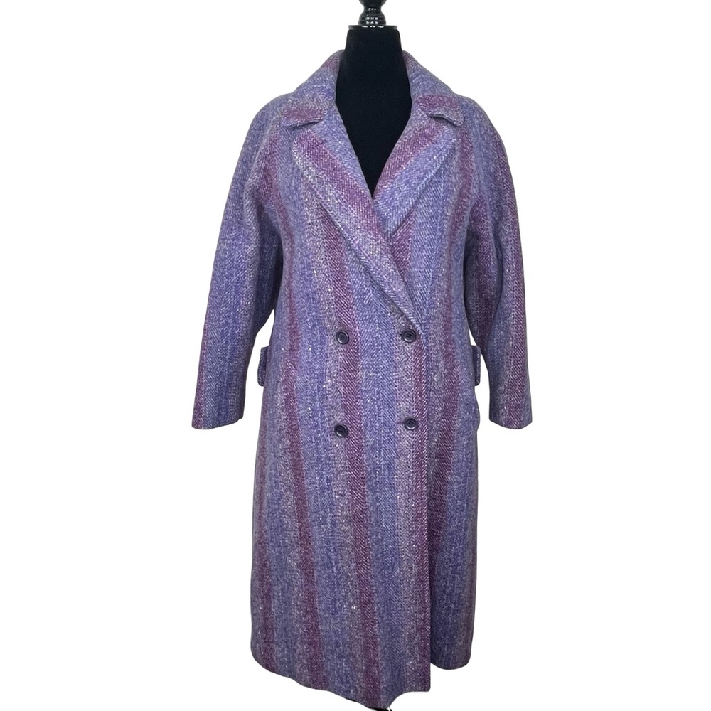 Vintage Donegal Tweed Wool Coat Purple Stripe Herringbone Made in Ireland 14